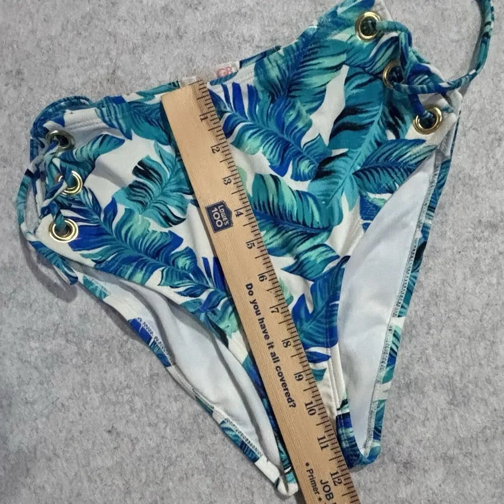 GIANNI BINI Size M Swim Bottoms Tropical Leaf Print Grommets Lace Up Sides